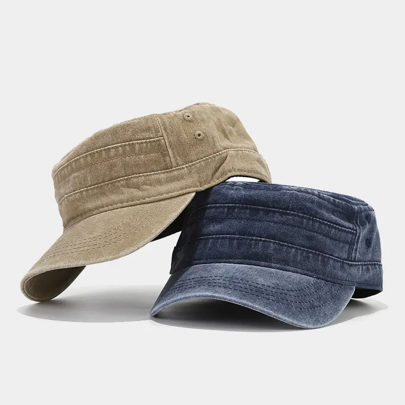Vintage Washed Cotton Military Hat Cadet Cap Distressed Retro Flat Top Baseball Camouflage Navy Khaki Adjustable Sun Visor Men Women Casual Outdoor Hiking Travel