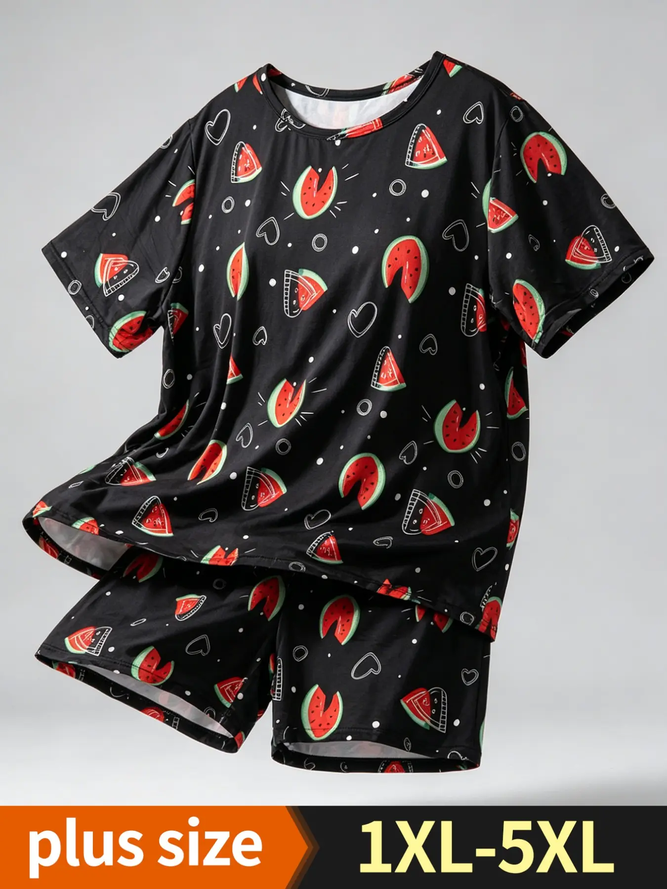 Summer Plus Size Women's Pajama Set 1xl-5xl, Loose Fit Short Sleeve Shorts, Heart Print, Casual Home Wear, Comfortable Sleepwear, Loose Loungewear, Loose Lounge Clothes