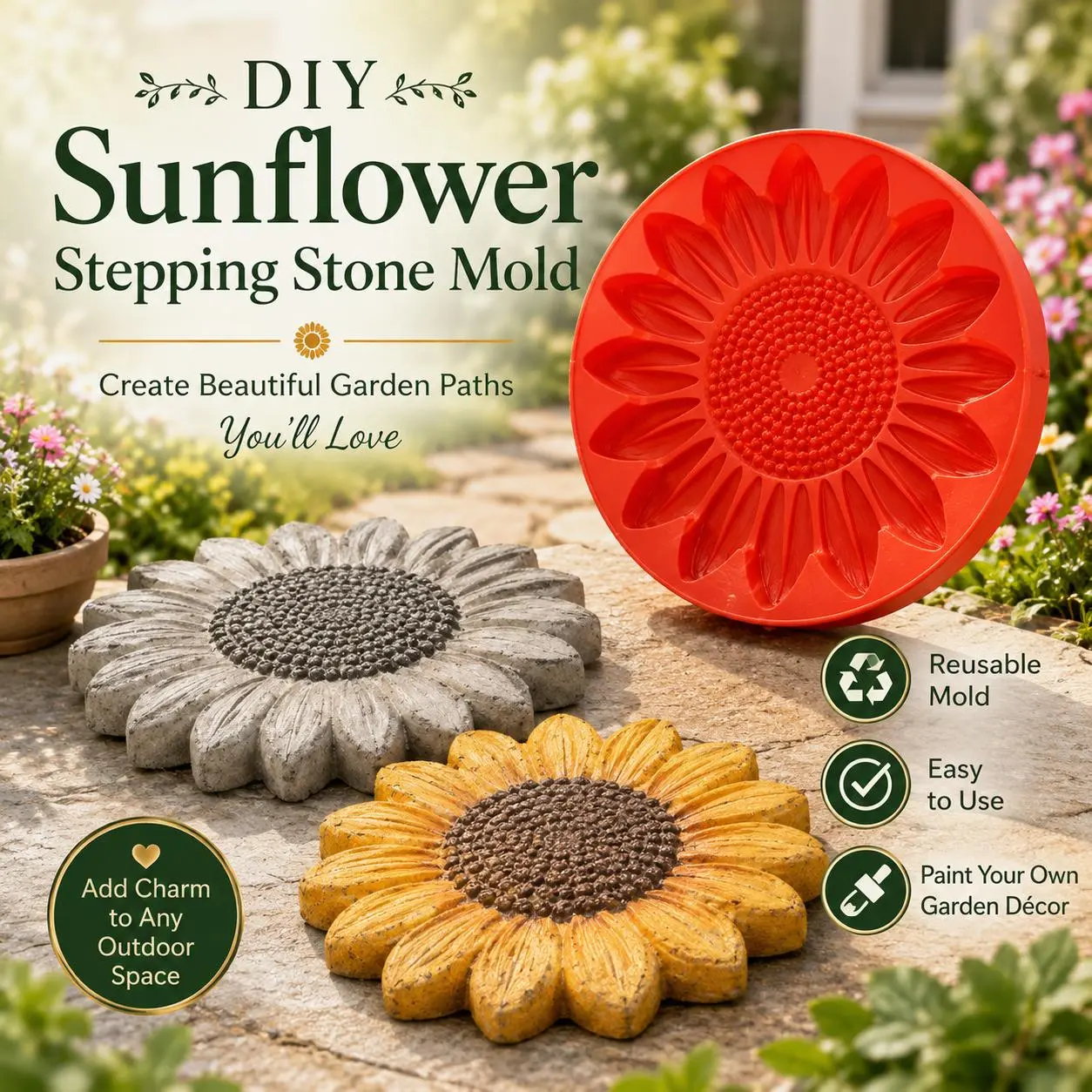 Reusable Sunflower Stepping Stone Mold, DIY Concrete Pathway Mold for Garden Patio, Sunflower Shaped Cement Mould, Make Your Own Decorative Garden Step Stones, Outdoor Yard Lawn Path Decor, Hand‑Made Craft Mould for Backyard Landscaping Decoration