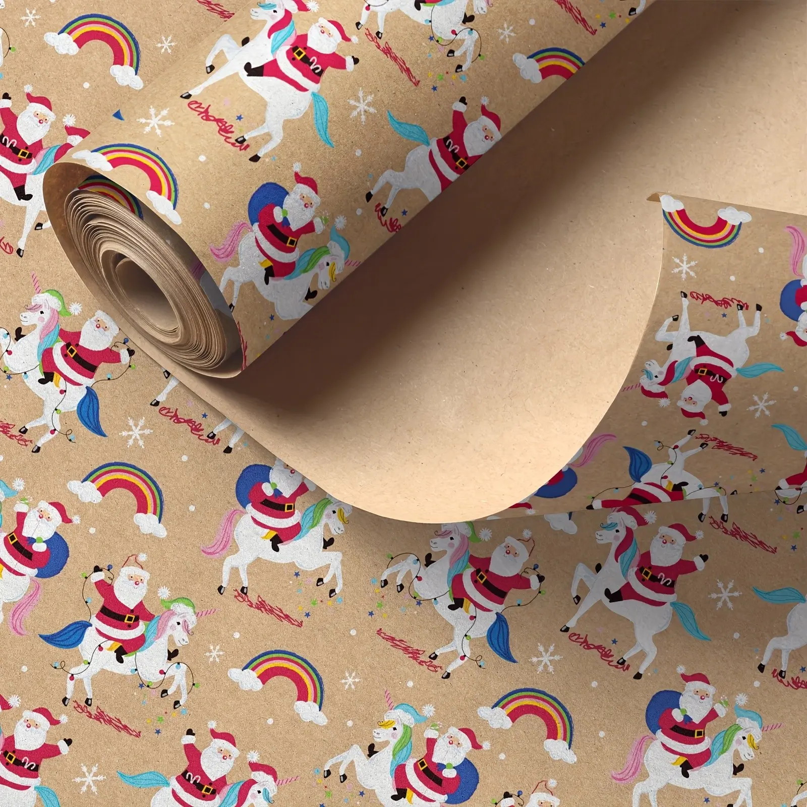 Kraft Paper Christmas Wrapping Paper, Santa Riding Unicorn Snowflake Design, Festive Gift Wrap, Fantasy Decor, 43.2cm X 500cm