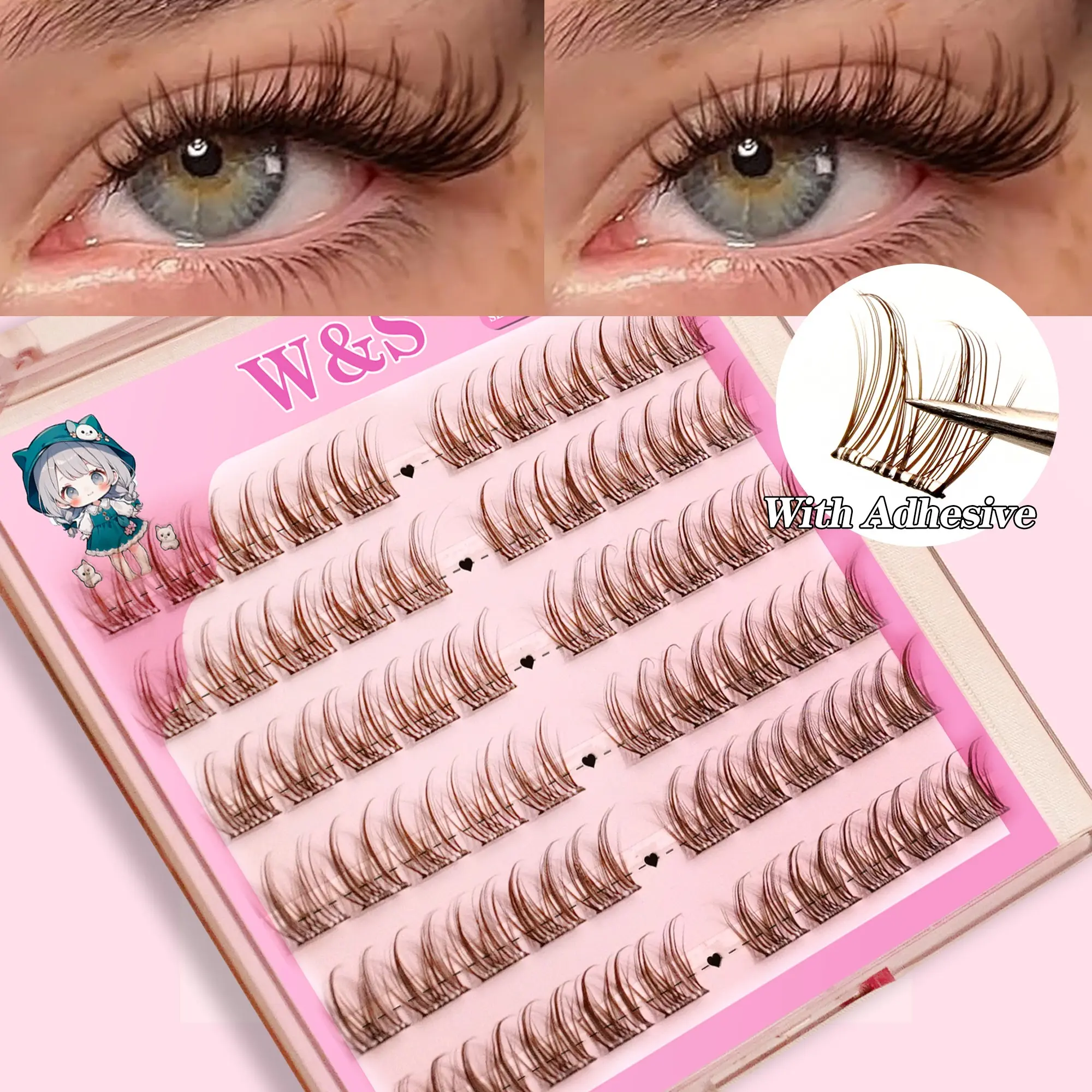 Self-Adhesive Lashes，Anime Style Dense Cartoon Eyes Cosmetic False Lashes, Devil Style Glue-Free Upper Lashes, 60 Pcs, Mixed Length, CC Curl, Doll Style