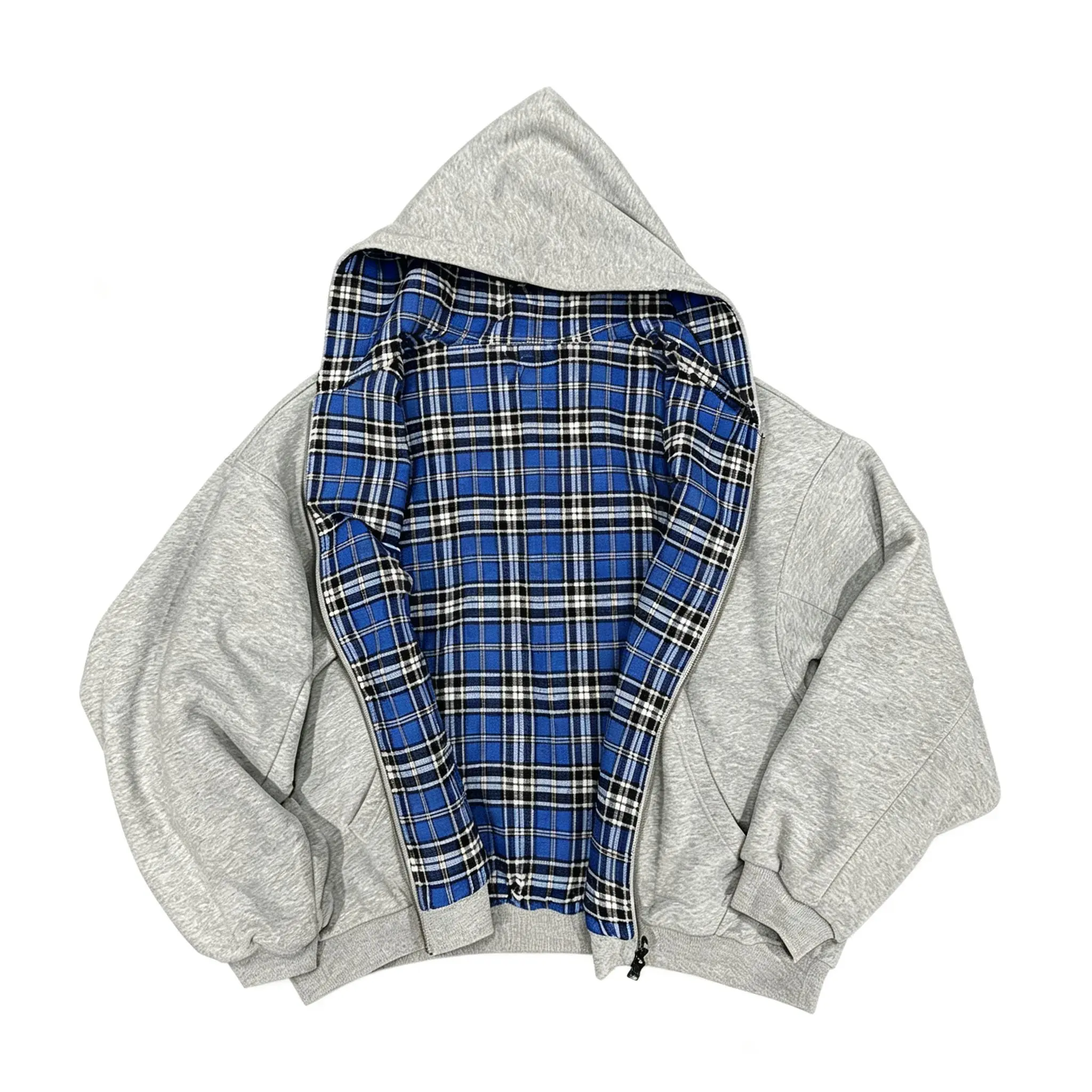 Unisex Reversible Plaid Zip-Up Hoodie 2-Wear Ribbed Fit Fleece-Blue Tartan Flannel Oversized Hooded Jacket, Y2K Streetwear Modest Outerwear Piece