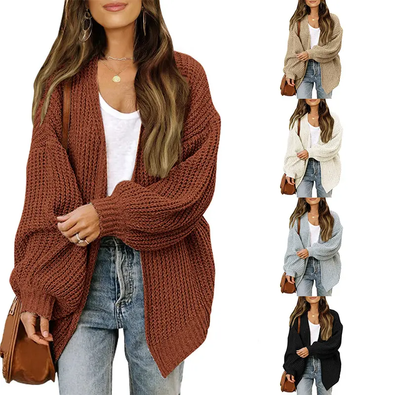 Autumn and winter, women's long-sleeved lantern sleeves, solid color loose-knit cardigan, thick needle sweater, women's clothing Knitwear Womenswear