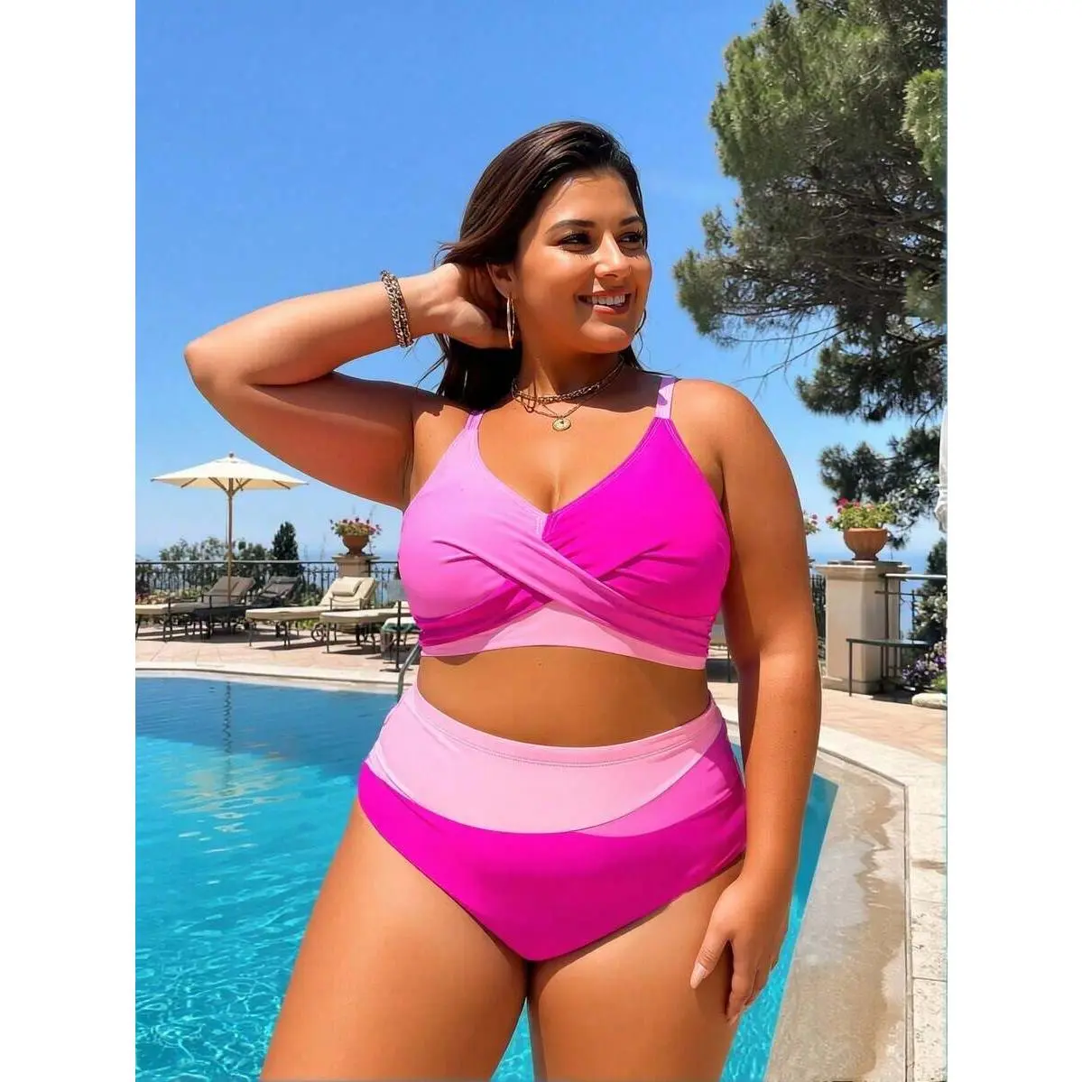 Plus Size Colorblock Bikini Set for Curvy Moms, High Waisted Knitted 2-Piece with Wrap Front V-Wired Push Up Top, Bikini For Curvy Moms, Knit Fabric