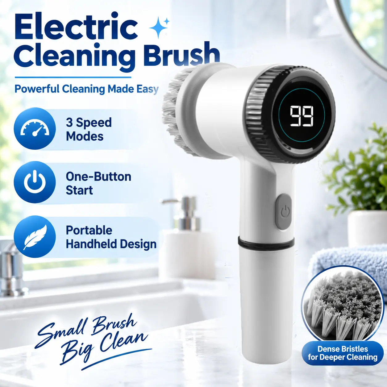 5-in-1 Electric Rotary Cleaner with Power Display, Kitchen Cordless Power Cleaning Brush, 3-Speed Cleaning Electric Scrubber, Replaceable Head/Bathroom/Sink/Window Cleaning Brush Scrubberbrush