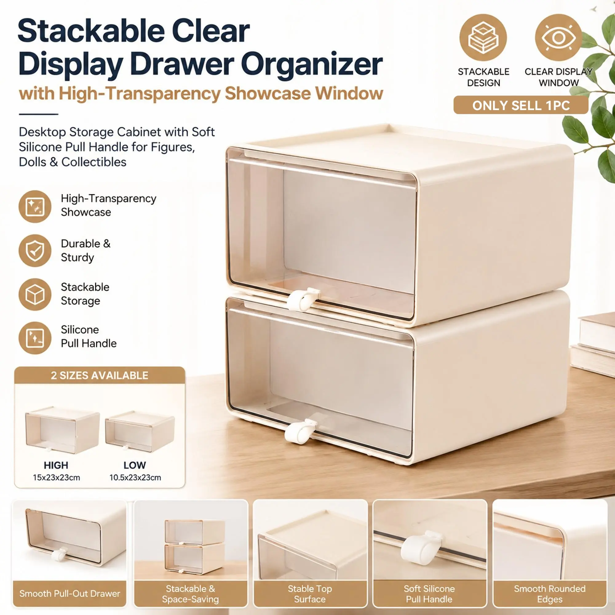 Stackable Clear Display Drawer Organizer with High-Transparency Showcase Window, Desktop Storage Cabinet with Soft Silicone Pull Handle for Figures, Dolls & Collectibles