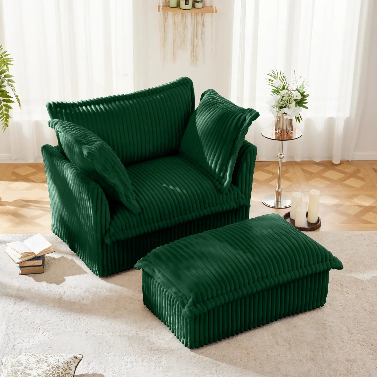Upholstered Slipcovered Armchair with Ottoman,  Deep Seat Armchair W/ Wide Ottoman for Living Room, Armchair Sets with Large Soft Pillows(Set of 2), Green Corduroy Fabric
