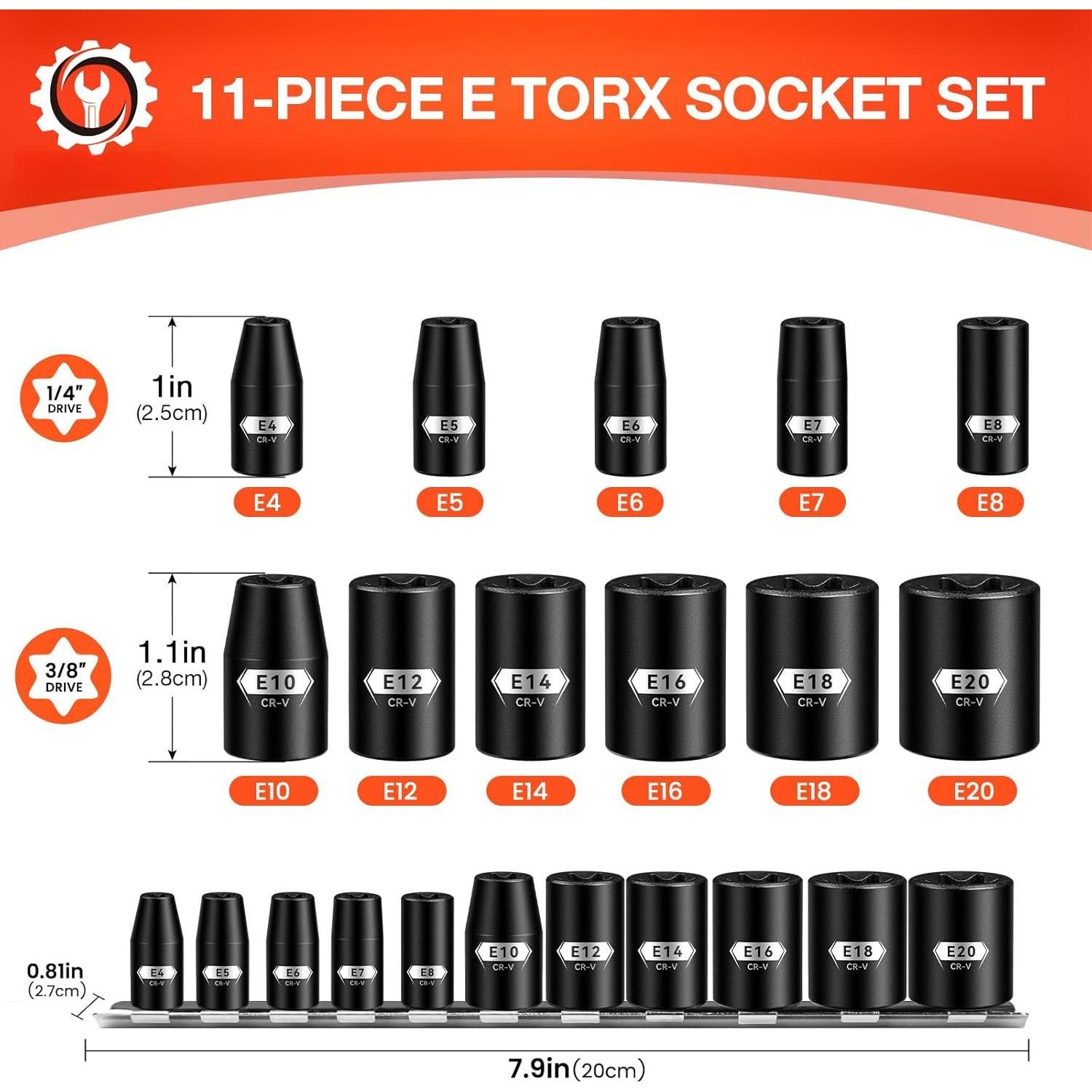 E Torx &  Socket Set With Rail, 11- Female External Sockets, 3/8" 1/4" Drive Precision Torque Inverted Torx Kit, E4 E5 E6 E7 E8 E10 E12 E14 E16 E18 E20 Reverse Socket