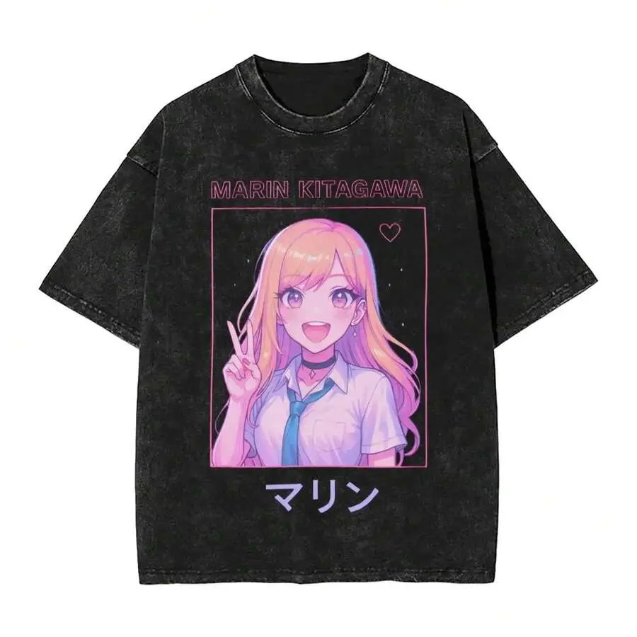 Anime My Dress-Up Darling Merch T-Shirt Marin Kitagawa Pattern Vintage Washed Unisex High Quality Oversized Top T-Shirts7
