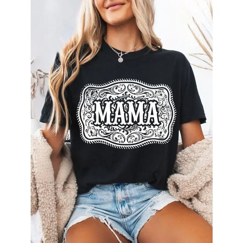 Women's Western Mama Graphic Print T-Shirt in Soft Cotton Blend, Casual Round Neck Streetwear Tee with Unisex Fit, All Seasons, Machine Wash, Sporty Chic, Street Chic