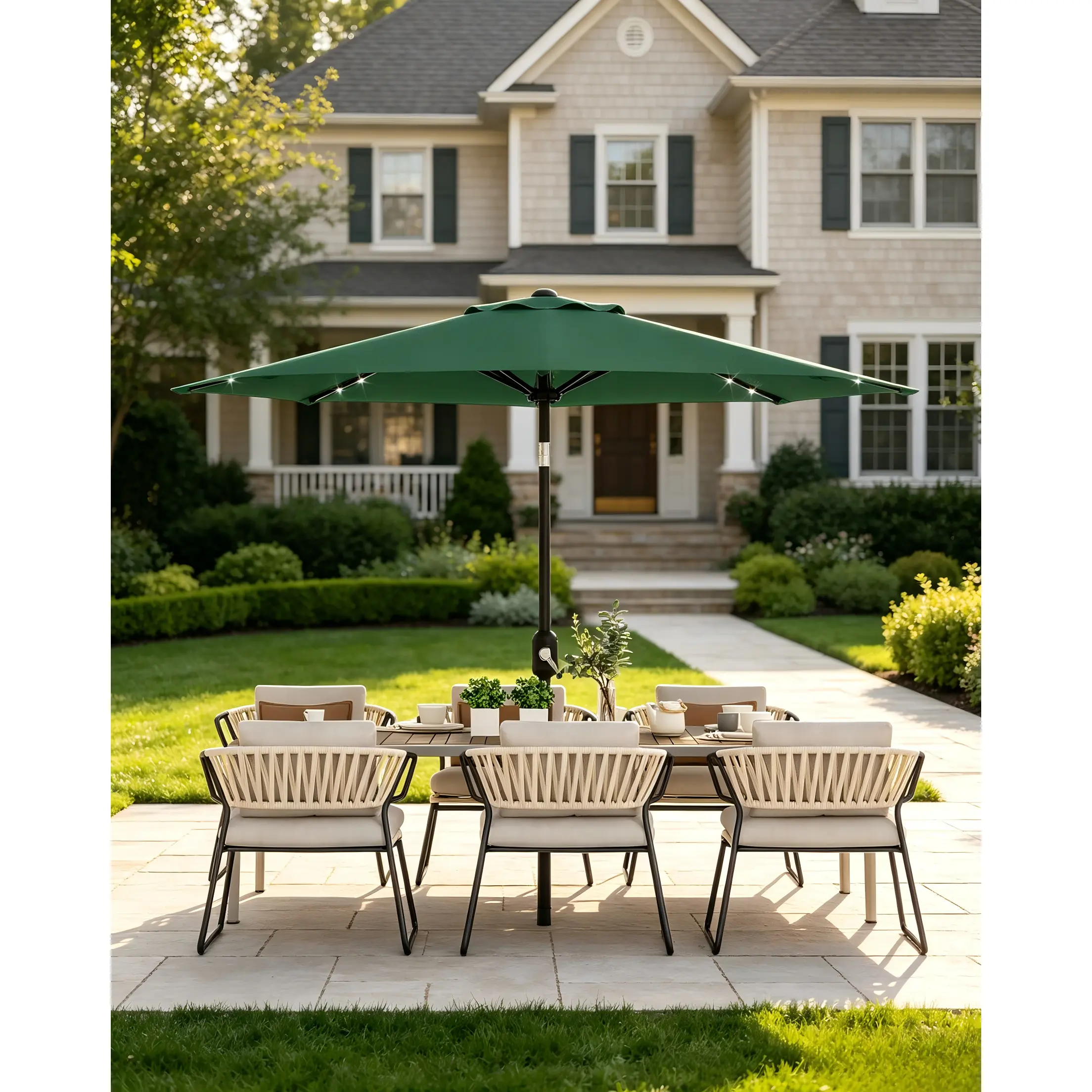 9FT Solar Powered Patio Umbrella with 32 LED Lights, 35° Push Button Tilt & Easy Crank Outdoor Market Table Umbrella, UPF 50+ Fade-Resistant Canopy with 8 Sturdy Ribs for Backyard, Garden, Pool, Dark Green (Base Not Included)