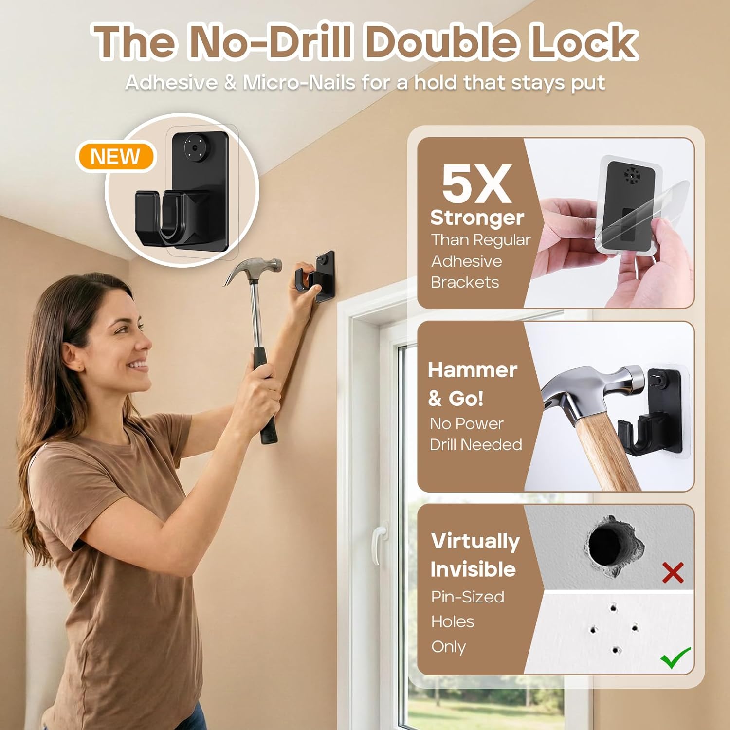 No-Drill Curtain Rod with Adhesive & Pin-Nail Mount System - Renter Friendly & Minimal Wall Damage, 5/8" Diameter Black Adjustable Rod for Windows 28 to 48