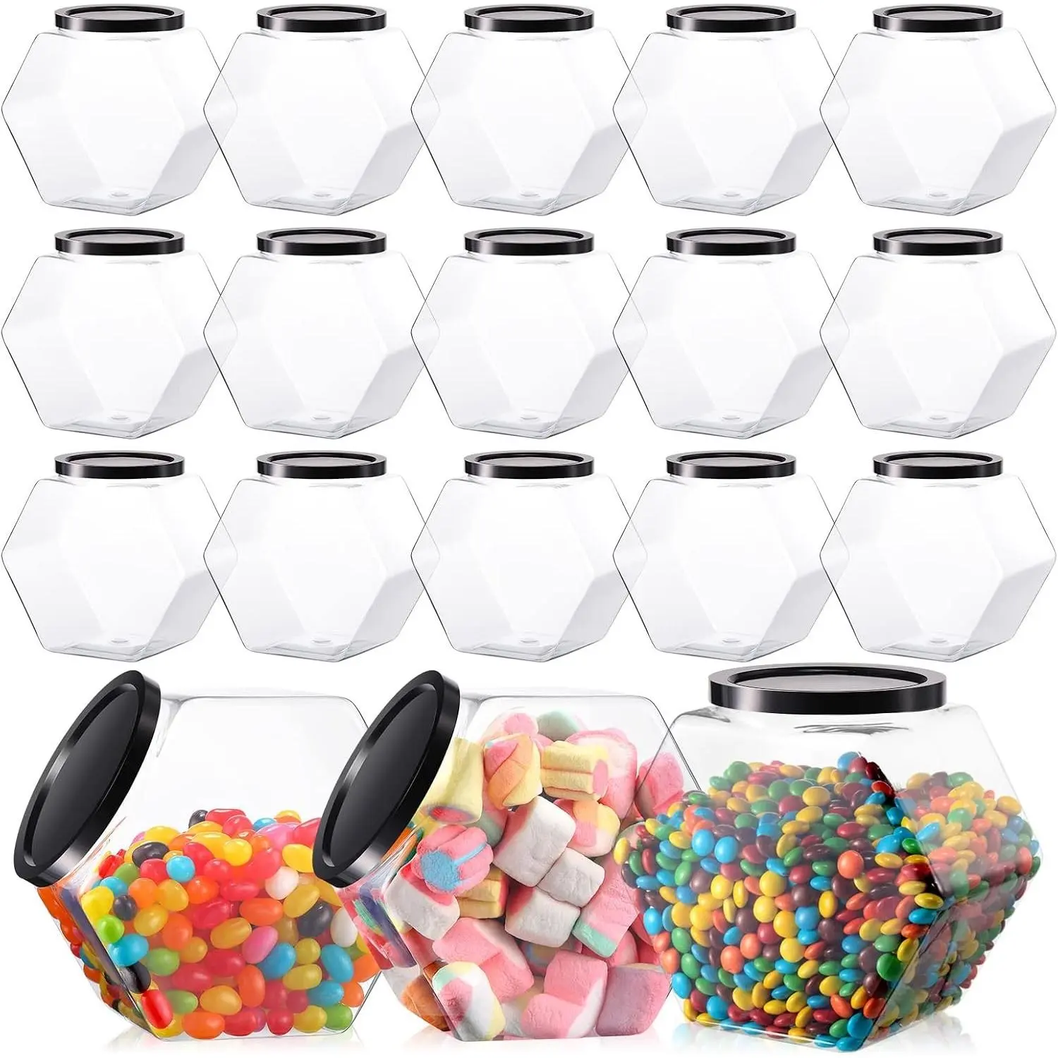 18 Pcs 30 oz Plastic Candy Jars with Lids, Hexagon Cookie Containers for Wedding, Bridal Shower, Clear Wide Mouth Treat Storage Boxes for Dry Food, Snacks, Candy Buffet, Paper Stars