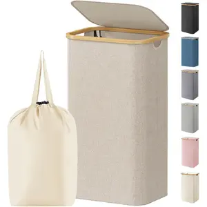 100L Laundry Basket with Lid, Clothes Hampers for Laundry with Bamboo Handles and 1 Removable Bag, Large Foldable Laundry Hamper for Bedroom, Bathroom, Dorm, Laundry Room, Beige