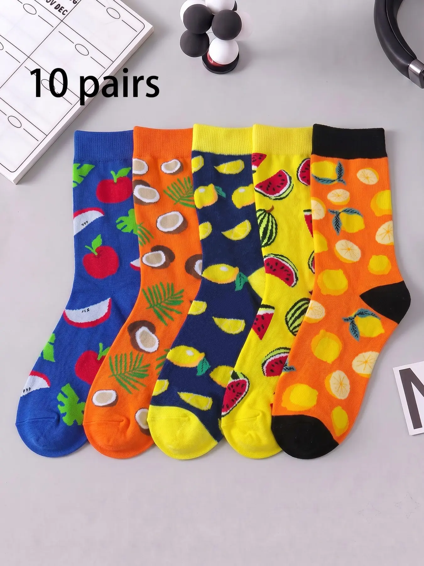 5/10 Pairs Men's Mid-Calf Socks, Fun Blue Lemon Cartoon Design, Unisex Sporty Long Socks, Crazy Happy Socks for Men and Women
