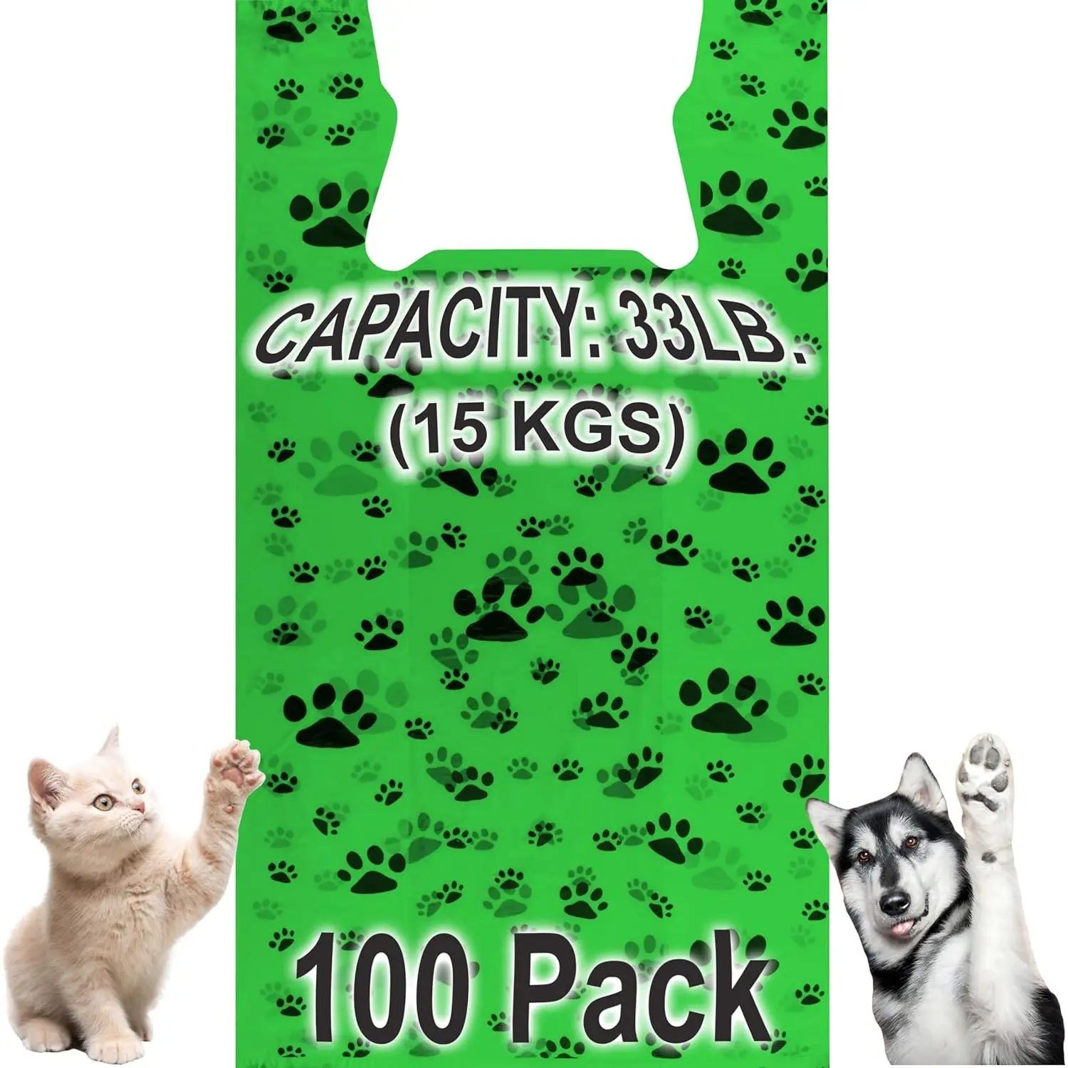 T-Shirt Bags - Paw Print Design Green Color - 100 Pack - Thank You & Shopping Bags -  or  - 22" L x 12" W x 7" Plastic