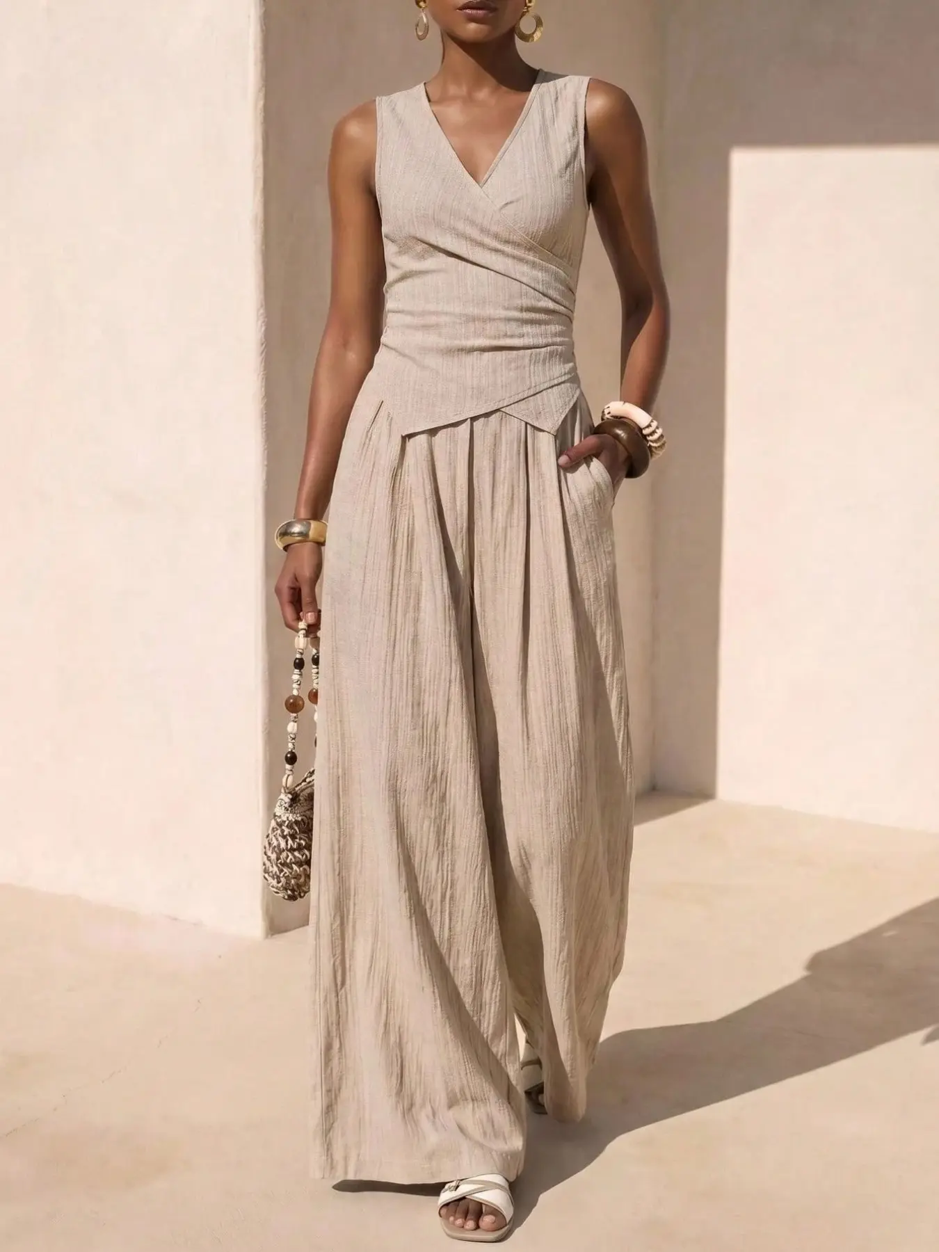 Women's French Pleated Set Outfit, V-Neck Cross Wrap Sleeveless Top, High Waist Wide Leg Pants, Two-Piece, Fashionable Ladies' Clothing