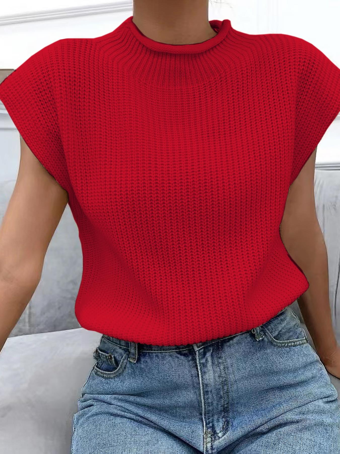 Women's Plain Roll Trim Mock Neck Sweater Vest, Casual Solid Sleeveless Knit Top for Spring & Fall, Women's Knitwear for Daily Wear