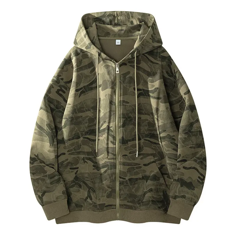 Men's Camouflage Full-Zip Hoodie, Casual Long Sleeve Streetwear Jacket for Spring and Autumn Outdoor Wear, Tops