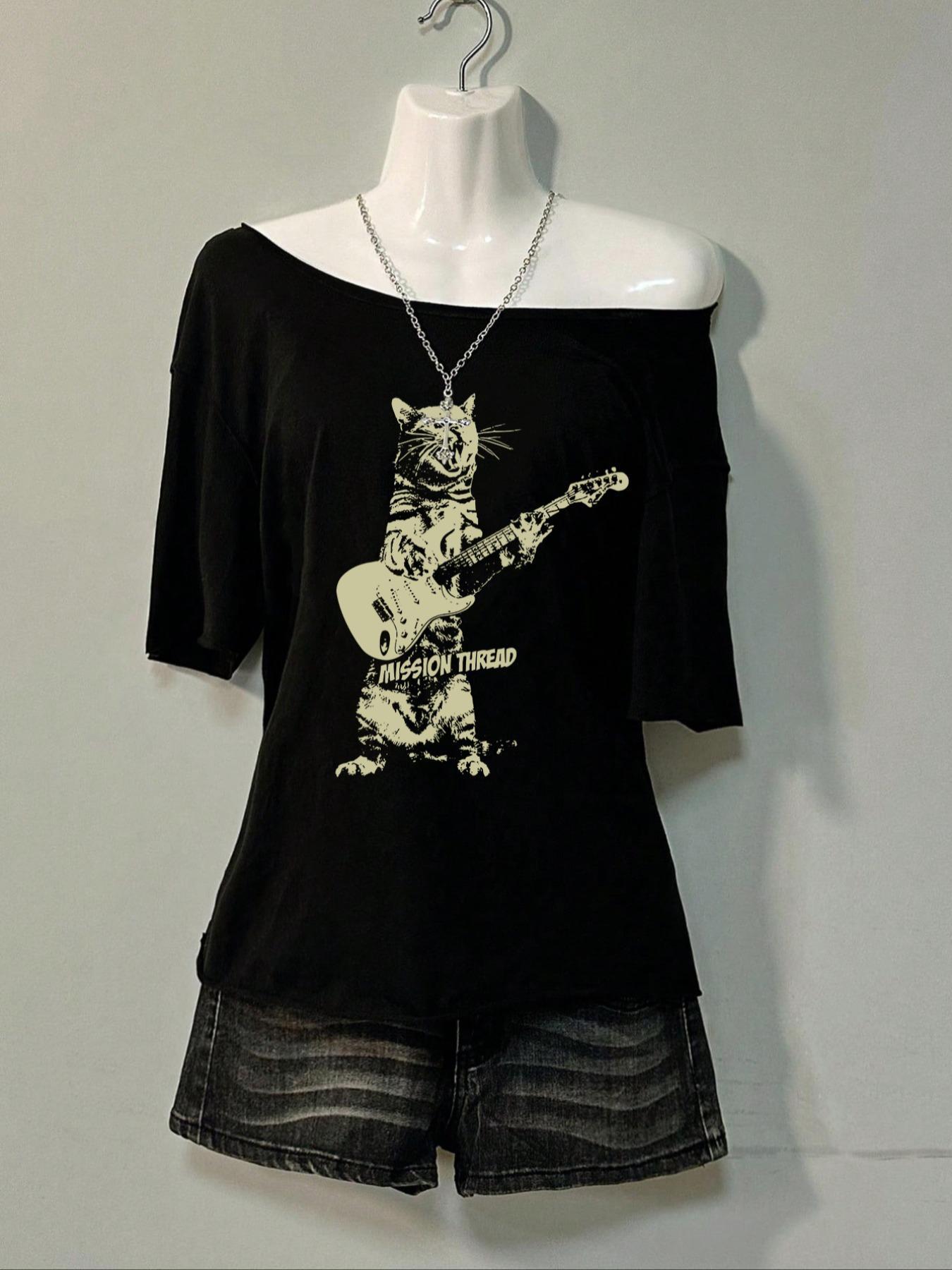 Women's Cat & Guitar Print Off Shoulder Casual Trendy Tee, Street Fashion Loose Chiffon Long Sleeve T-Shirt for Daily Holiday Vacation Wear, Ladies Clothes for All Seasons, Top, Casual Fashionable Top, Streetwear, Halloween, Casual Stylish Tee