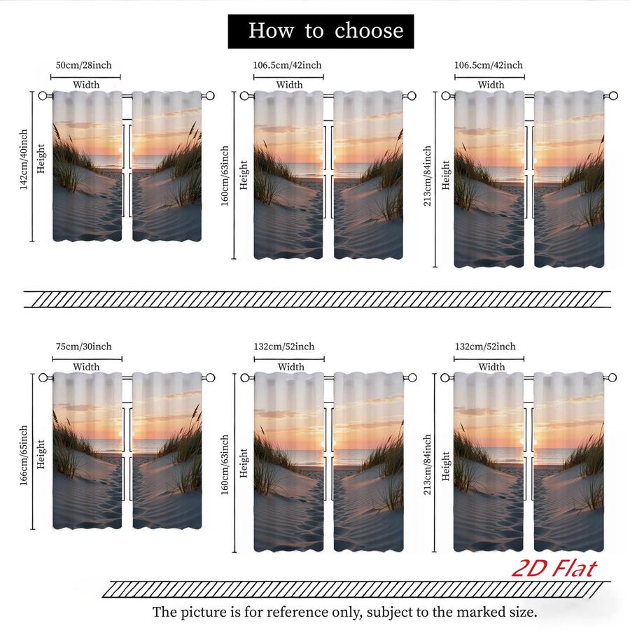 2Pcs Beach Landscape Sunset Pattern Seaside Scenery Sun Blocking Curtains Digital Printed Rod Pocket, Window Treatment For Bedroom Office Kitchen Living Room Study Home Decor
