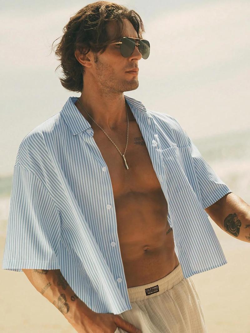 Men's Floral Embroidery Short Sleeve Shirt, Regular Fit Casual Street Retro Gingham Graphic Button Front Top for Summer, Men's Clothes for Daily Wear