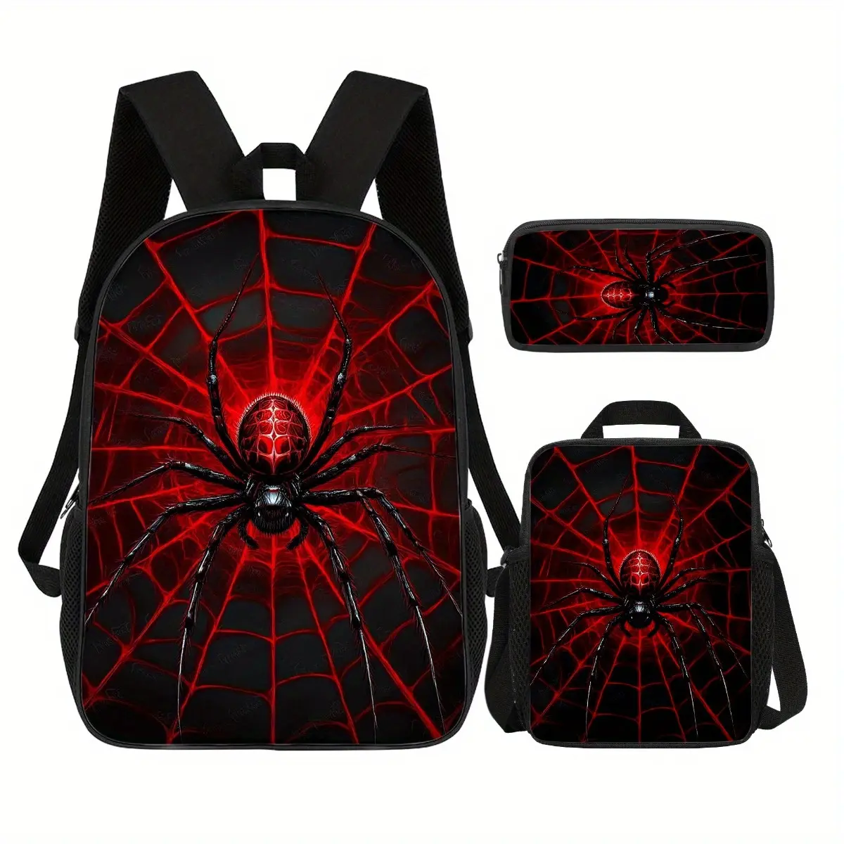 Red Spider Print Oxford Cloth 3pcs Backpack Set - 17in Fashion Bookbag with Top Handle, Adjustable Straps & 15-inch Laptop Fit, Spooky Look Crossbody Lunch Bag, Pencil Case, Ideal for Commuting, Festive Gift for Spider Theme Fans, Bold, Dark Aesthetic, Cr