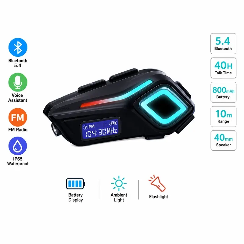 Motorcycle Helmet Speaker with Bluetooth 5.4, 40mm Speaker, FM Radio, Voice Assistant, Digital Display and Ambient Light