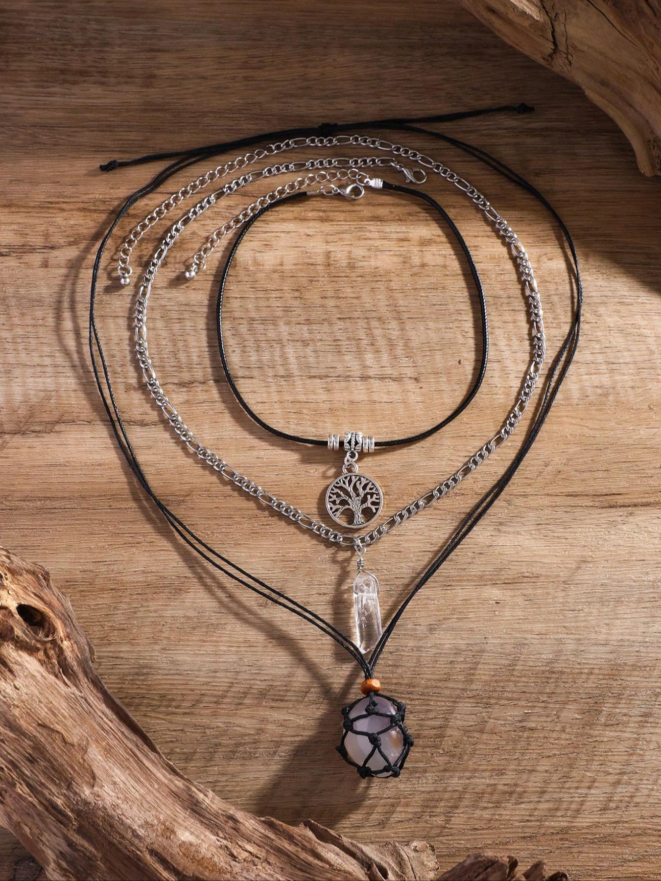 Women's Boho Style Vintage Style Artificial Crystal Decor Pendant Necklace, 3pcs Exquisite Trendy Pendant Necklace, Fashionable Jewelry for Women As Gift Without Box, Boho Chic Crystal, Trendy Charms Necklace