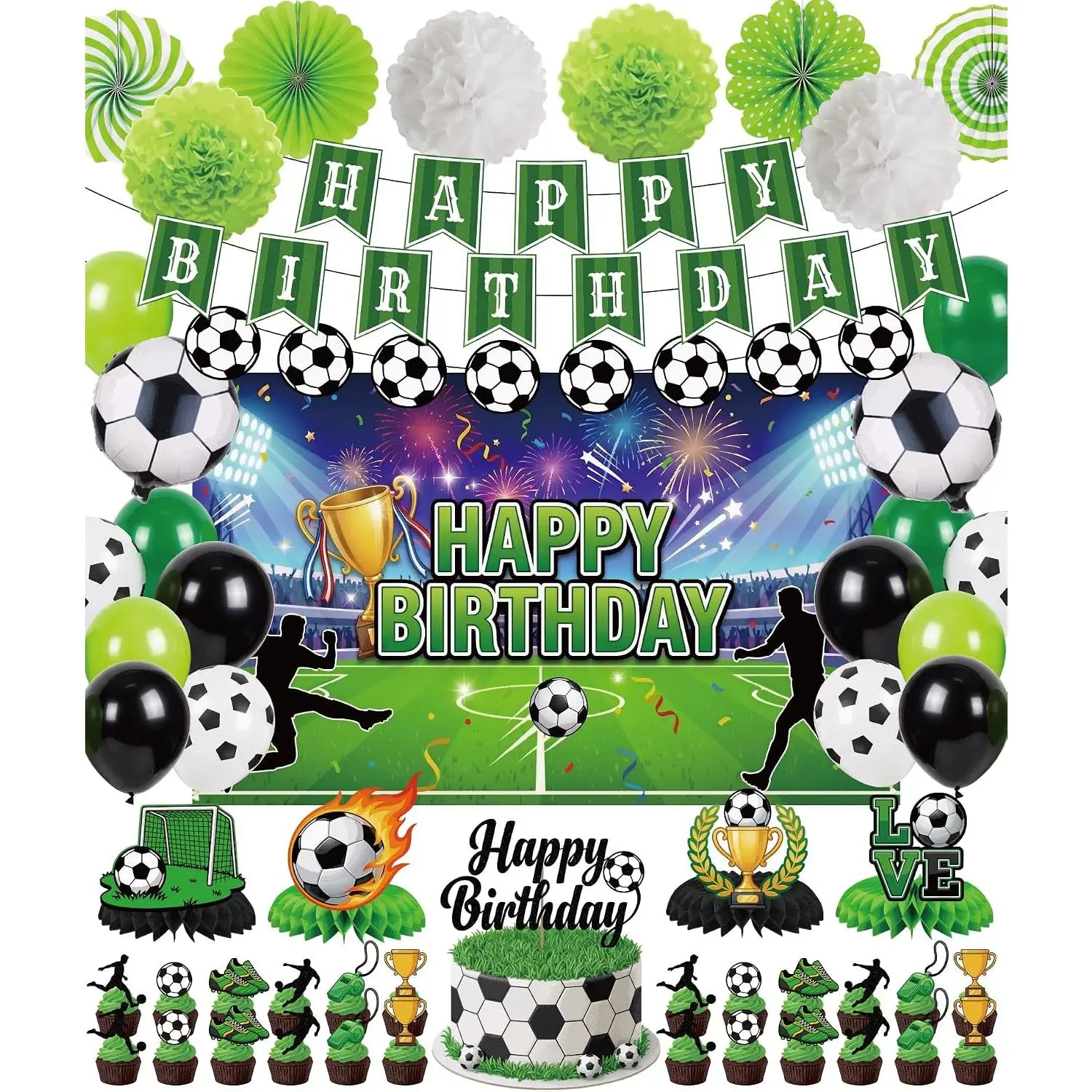 Soccer Happy Birthday Party Decorations - 53 count Soccer Party Supplies with Photo Backdrop, Pre-Strung Banner Balloons Cake Cupcake Toppers Paper Fans Centerpieces for Boys   Themed Decor