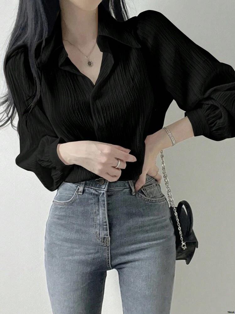 Spring Black JoudiyaWomen sPleatedSolidColorLapelLooseShirt Autumn