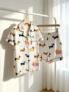 Women's Button-Down Short Sleeve Top & Shorts Pajama Set, White Polka Dot Dachshund Print, Classic Collar, Spring Summer Wear, Loose Fit, Casual Lazy Day-to-Night Loungewear for Home & Casual Outings