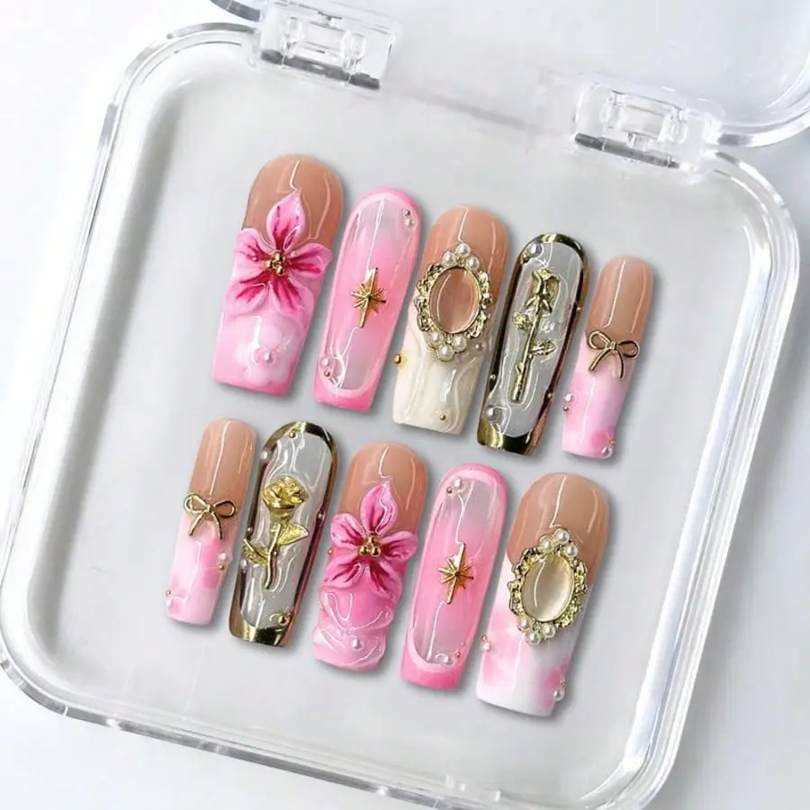 10 PCS Handmade Square Press-On Nails | Nude Pink 3D Floral Sweet Element Style With Nude & Pink Bases, 3D Floral & Bow Embellishments