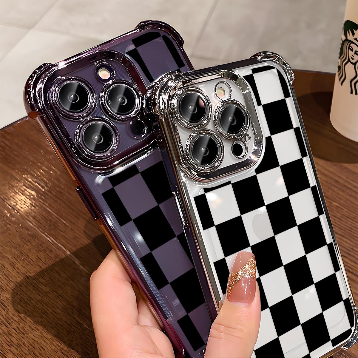 Black Checkered Pattern Phone Case , Electroplated Cover with Airbag Shockproof Slim Soft TPU Cover for iPhone X XS 11 12 13 14 15 16 17 Pro Max Plus Air Stylish