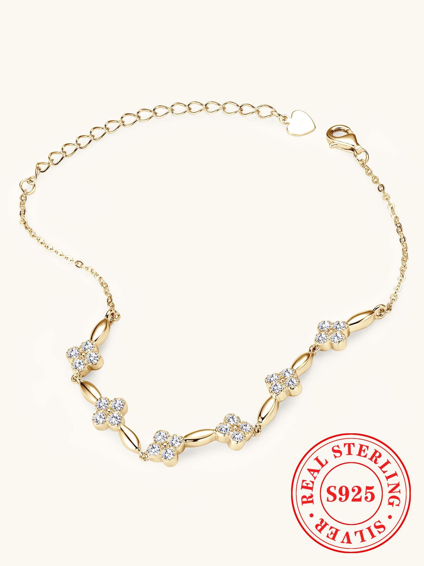 S925 Sterling Silver Flower Design Lobster Closure Bracelet, High Quality Bracelet, Fashionable Synthetic Moissanite Decorated Bracelet for Women & Girls, Trendy All-match & Exquisite Jewelry for Birthday Gift