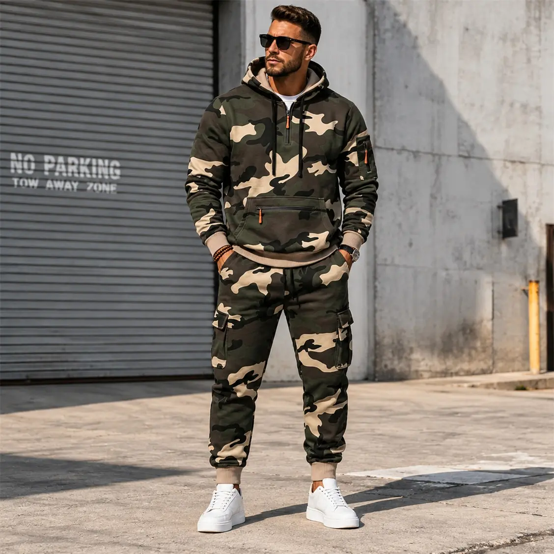 Men’s Camo Hoodie & Cargo Jogger Set, 2 Piece Long Sleeve Pullover Sweatshirt and Cargo Pants Outfit, Casual Streetwear Tracksuit for Fall Winter, Outdoor Daily Wear