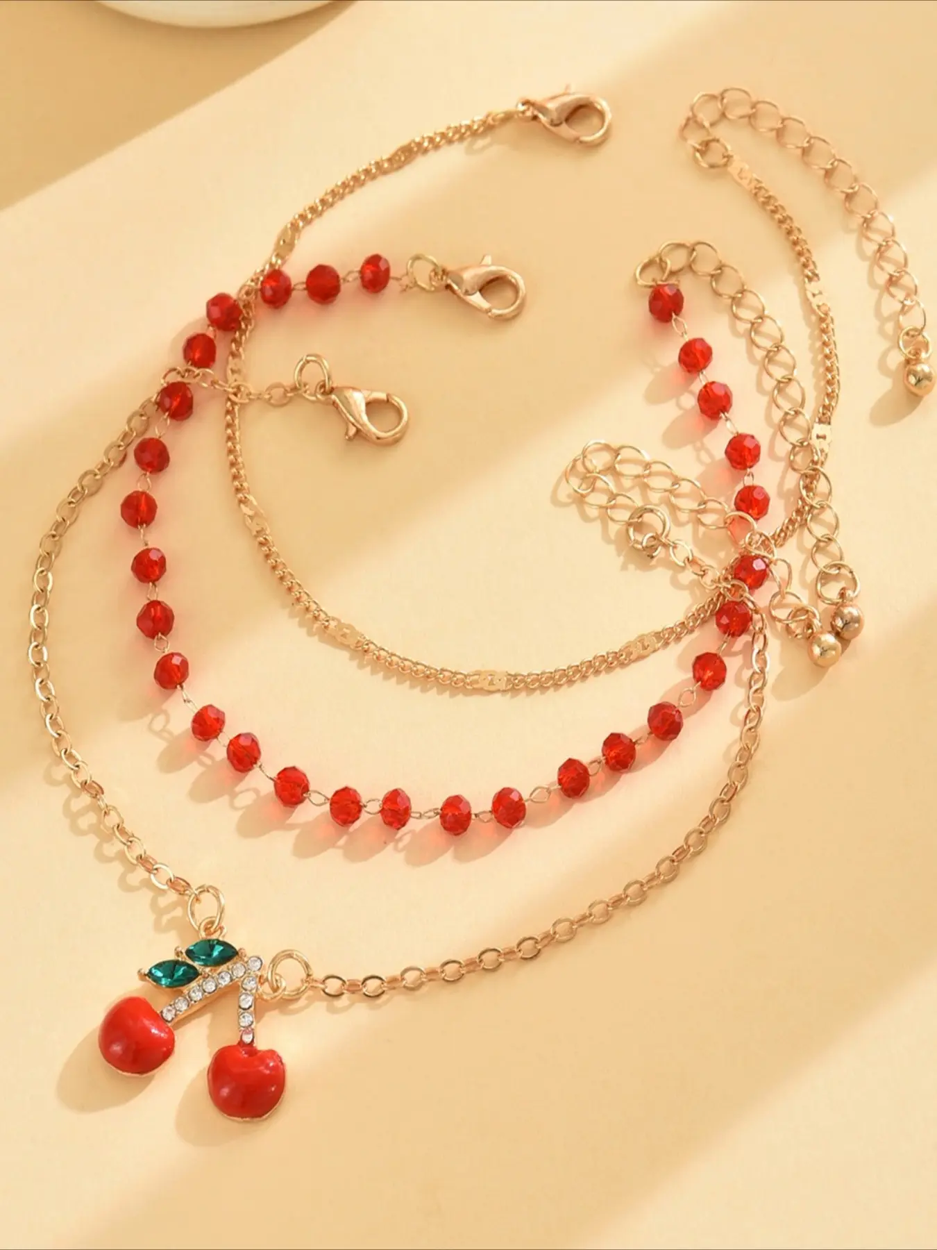 European and American Cross-Border Anklet Set, Trendy Jewelry, Bead Multi-Layer Foot Jewelry, Rhinestone Cherry Ankle Chain Trio Kit
