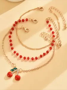 European and American Cross-Border Anklet Set, Bead Multi-Layer Foot Jewelry, Rhinestone Cherry Ankle Chain Trio Kit