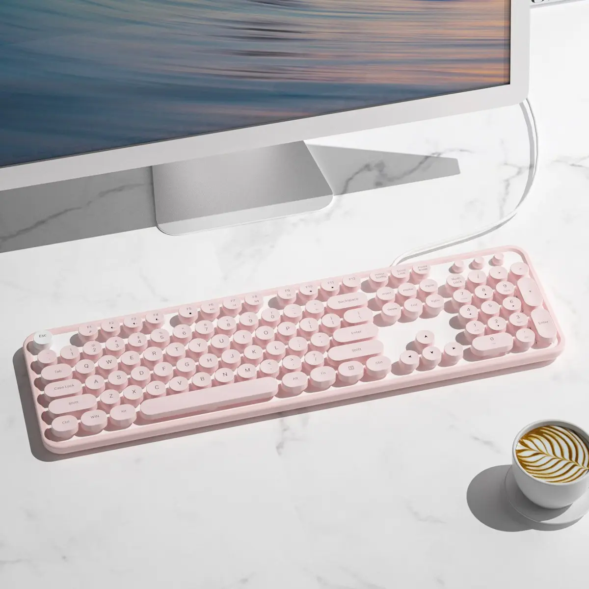 MOFii Sweet Wired Keyboard｜Retro Round Keycaps Macaron Solid Color 104‑Key Full‑Size USB Plug and Play Office Keyboard