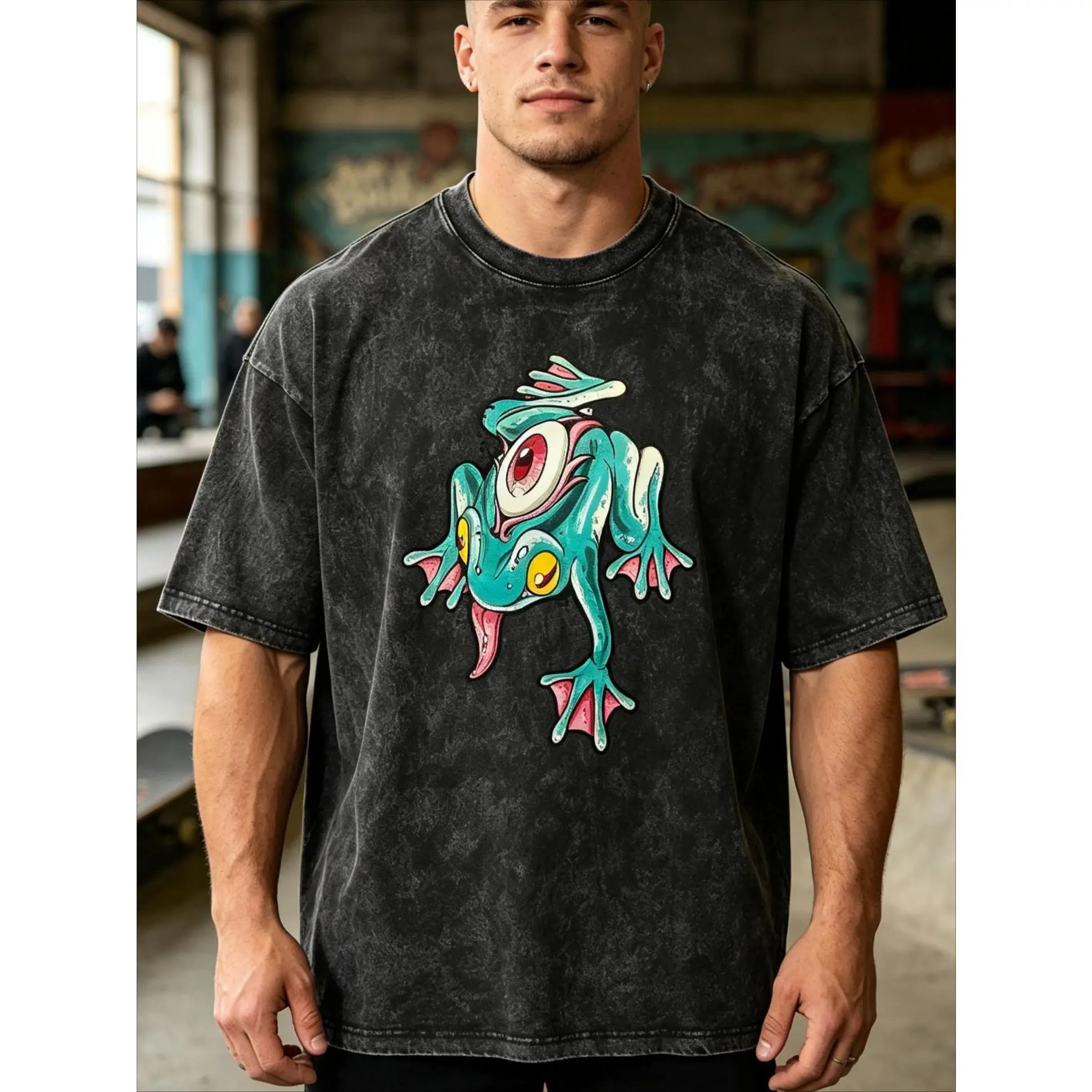 Weird Trippy Surreal Green Frog Graphic Washed Oversized T-Shirt,  Cotton Soft Breathable Skin Friendly Casual Tee, Viral Retro Grunge Psychedelic Streetwear for Men Women Teens, Loose Drop Shoulder Skater Indie Top