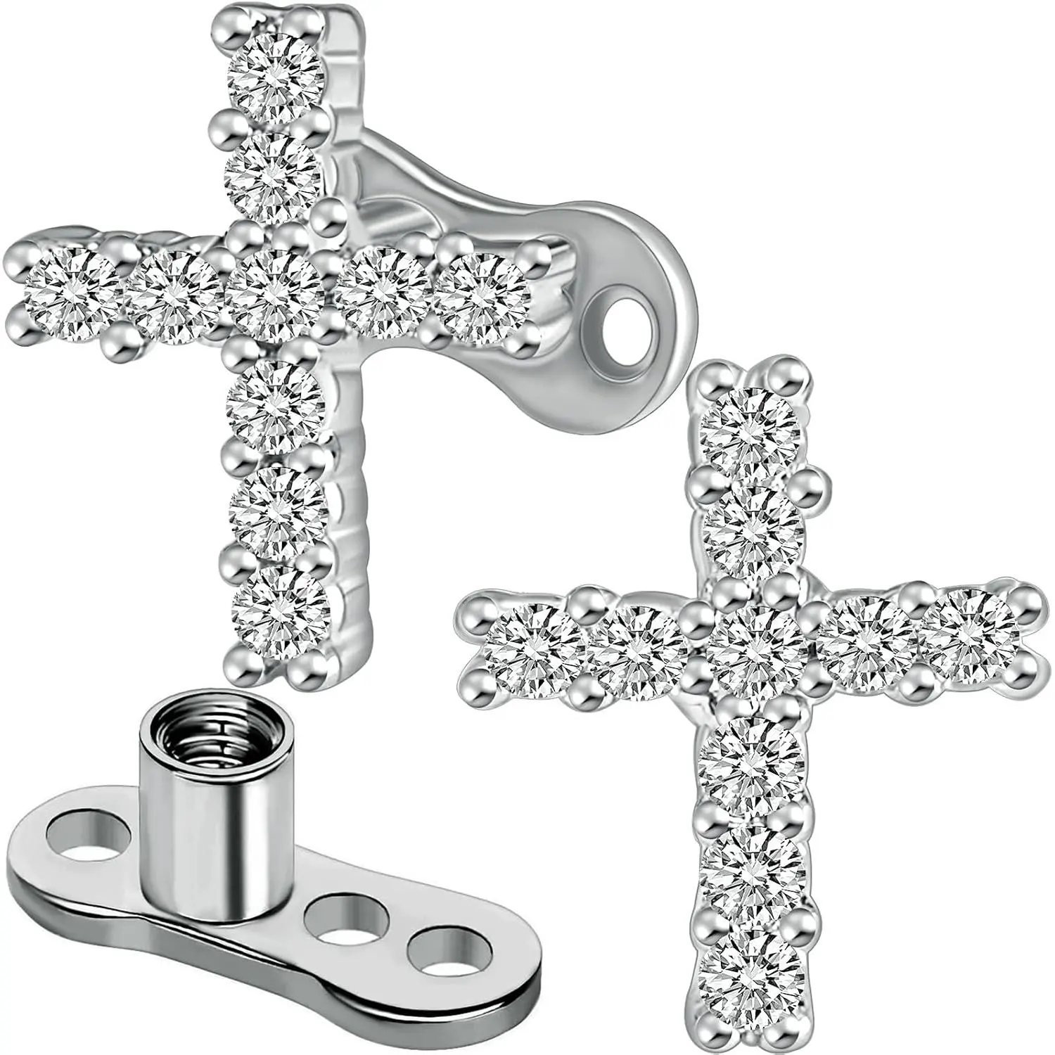 2pcs 14G Cross Dermal Anchor Tops and Base Stainless Steel Cubic Zirconia Internally Threaded Microdermals Body Piercings Crucifix Studs Skin Body Piercings Jewelry for Women Men