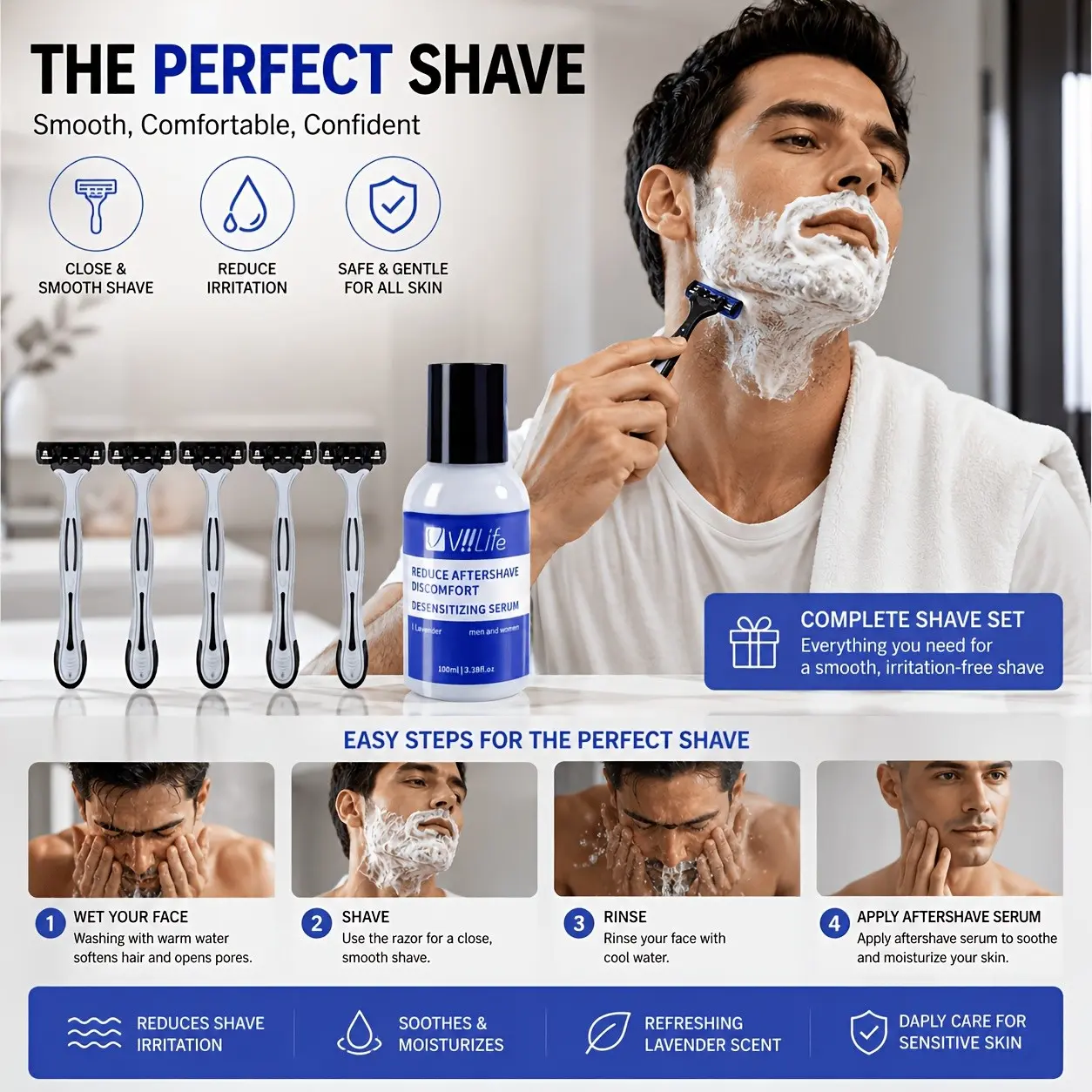 Manual Razor Care Kit, 5pcs Razor Blade & After Shave Lotion, Men's Shaving Supplies, Premium Triple Layer Razor, Perfect for Holidays