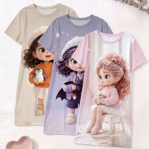 3-Pack Women's Nightdresses, Round Neck Short Sleeve Loungewear for All Seasons, Comfortable Breathable Cute Cartoon Print Home Wear