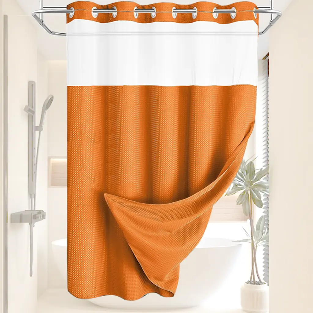 Double Layer Modern Industrial Pattern Polyester Shower Curtain, Waterproof & Mildew-Proof, Large Rings, Non-Contact Inner Layer for Bathroom Wet-Dry Separation, Fits Handrail Pipes refresh,Multicolor,Golden,stylish,home,fabric,Festive,no-drill,,r,machine