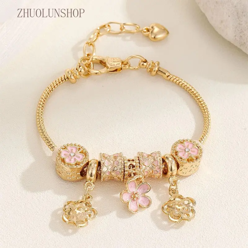 Gold Tone DIY Charm Beaded Bracelet, Pink Enamel Flower Charms, Ladies Gentle Floral Multi Pendant Bracelet, Adjustable Daily Gift Wrist Jewelry