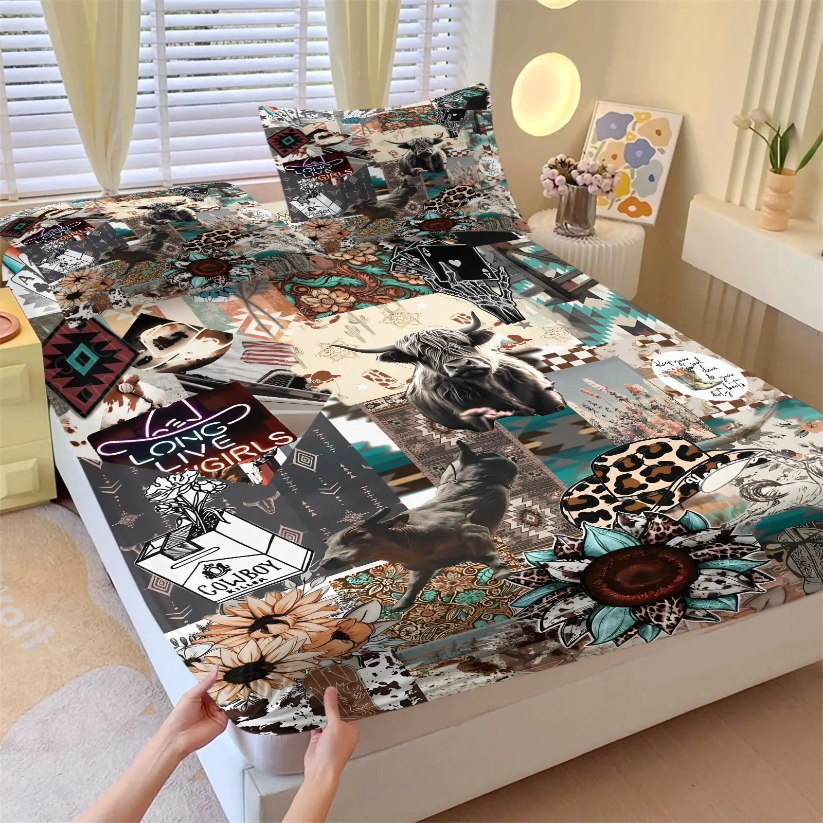 3-Piece Western Cowboy Patchwork Fitted Sheet Set, Highland Cow Sunflower Bohemian Style Soft and Comfortable Bedding Set, Retro Country Southwest Style Bedroom Decor for Boys and Girls (Includes 1 Fitted Sheet + 2 Pillowcases) Boho Fitted Sheet