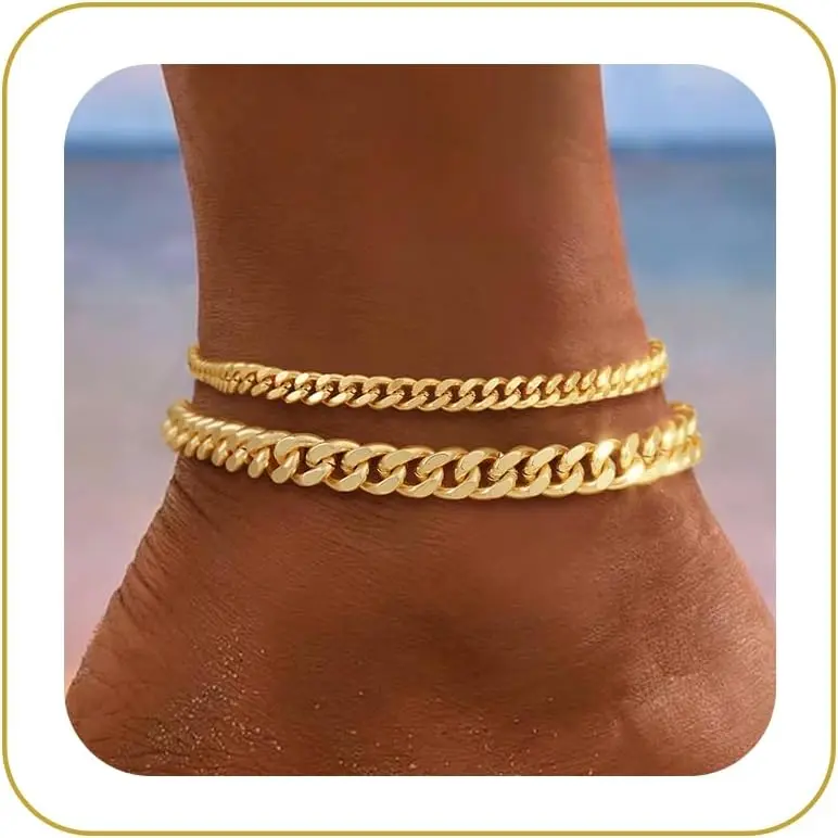 Gold Ankle Bracelets for Women Waterproof - Dainty Gold Anklets Trendy Layered 14K Gold/Silver Plated Stackable Chunky Cuban Link Chian Anklet Bracelet Set for Women Non Tarnish Beach Jewelry Gift