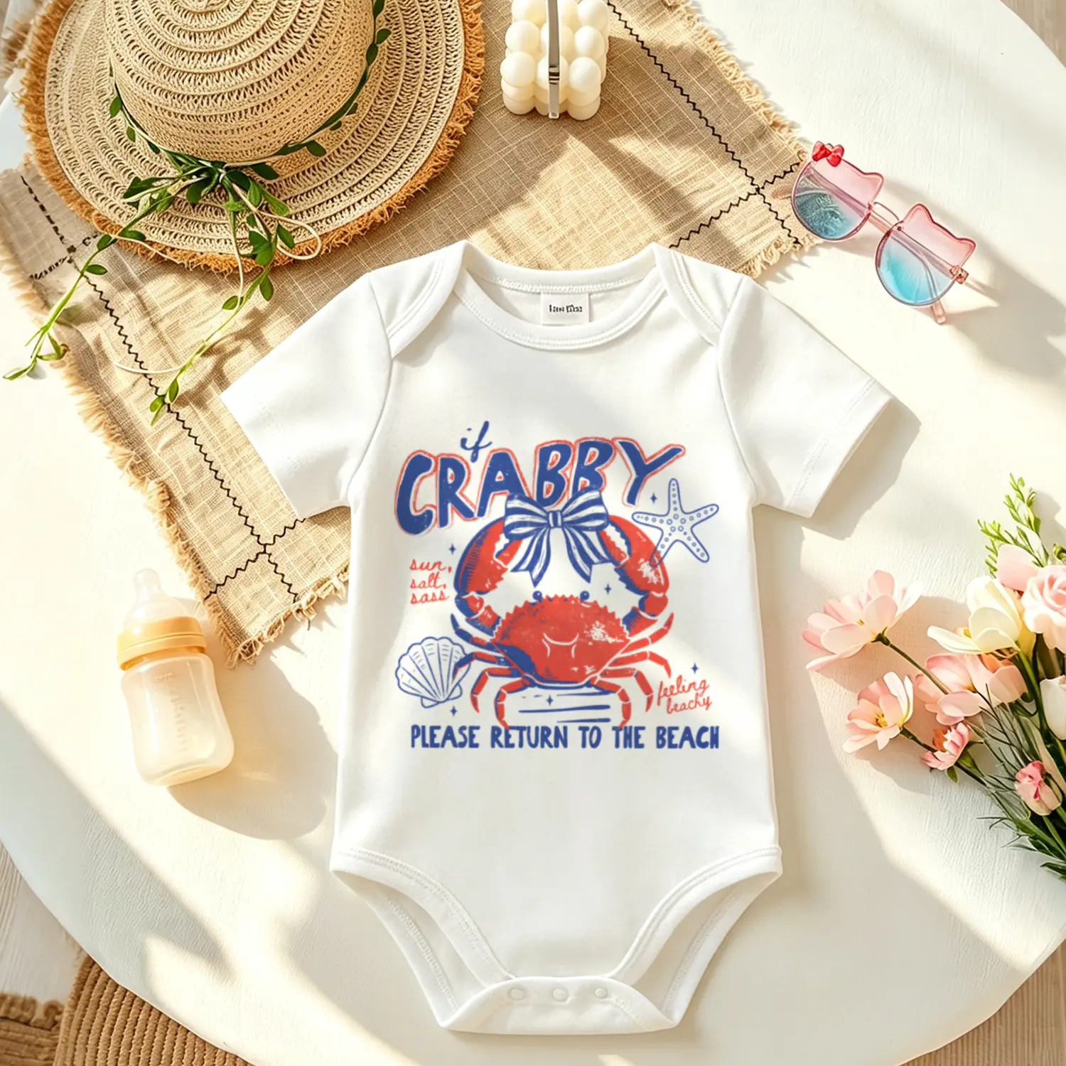 Cute Crab Beach Print Baby Onesie, Soft Cotton Short Sleeve Bodysuit, Unisex Newborn Essentials for Summer Vacation and Baby Shower Gift