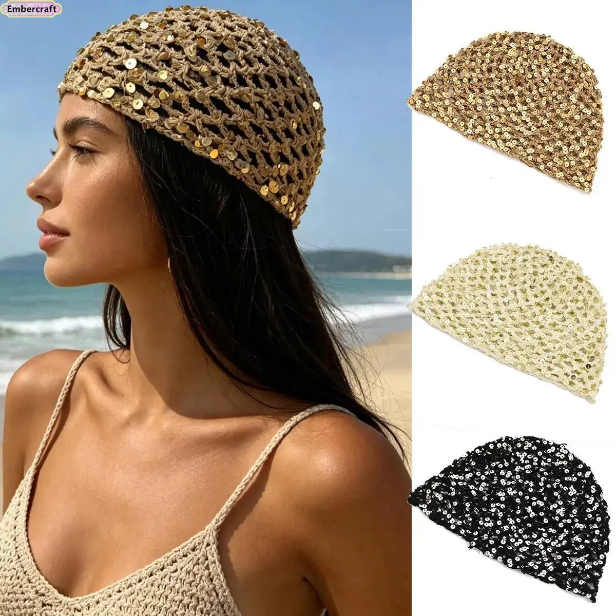 Sequin Crochet Beanie for Women, Breathable Y2K Beach Hat with Open Knit Design, Trendy Boho Summer Accessory for Vacation Outfits, Festivals, Coastal Cowgirl Looks & Everyday Styling