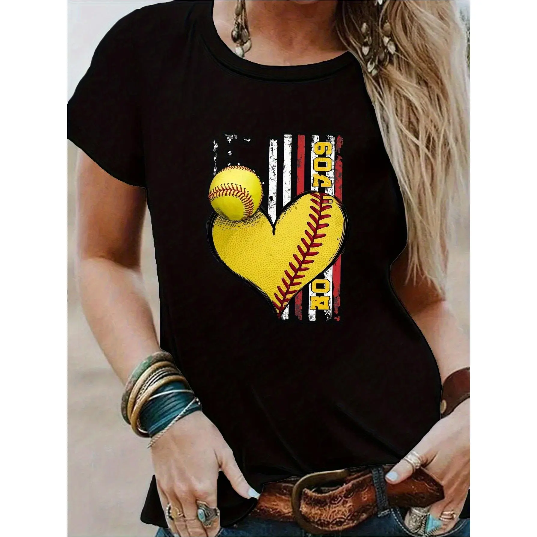 Women's Softball Graphic Tee - Softball Heart Design with Yellow softball, Crew Neck Short Sleeve Shirt for s Practice, Games, Casual Outfits - Durable Everyday Apparel for Players & Fans, s Fan Clothing, Comfortable Fit